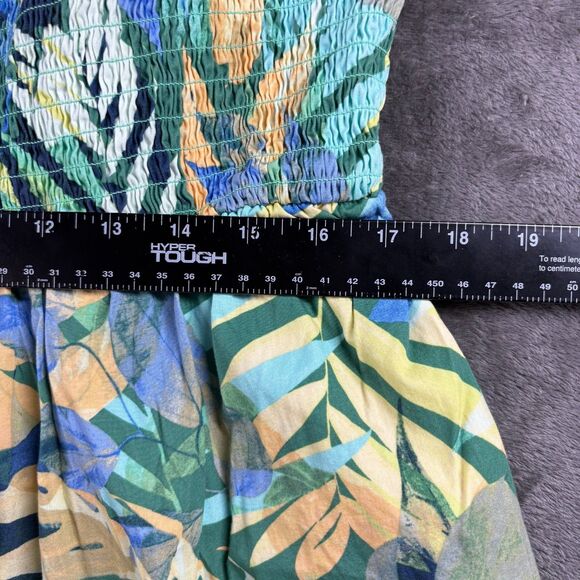 Tropical Maxi Dress One Shoulder Pockets Tiered Smocked Green Blue XXXL 22 C163 - Picture 7 of 10